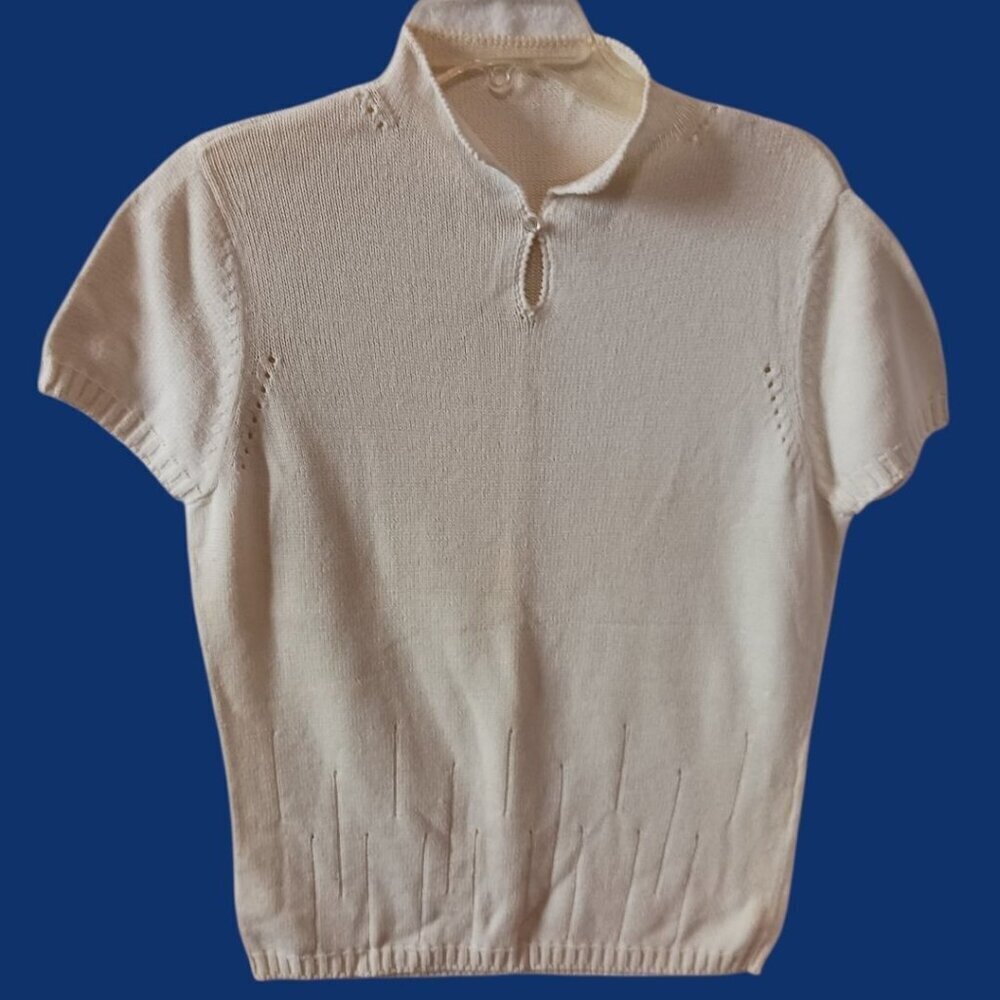 Ishikawa Vtg Knit Short Sleeve Cotton Top With Keyhole Detail Ivory Size 11